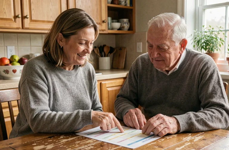 Une femme accompagnant avec bienveillance un parent âgé autour d'un planning hebdomadaire à la cuisine