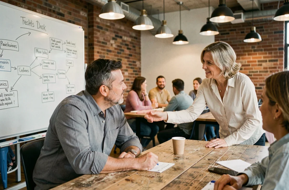 Homme en formation professionnelle dans un espace de coworking moderne, écoutant une formatrice expliquer un diagramme de compétences sur un tableau blanc