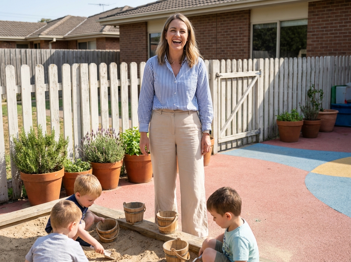 Femme en reconversion professionnelle surveillant des jeunes enfants jouant dans un bac à sable dans la cour d'une école maternelle, ambiance chaleureuse et naturelle