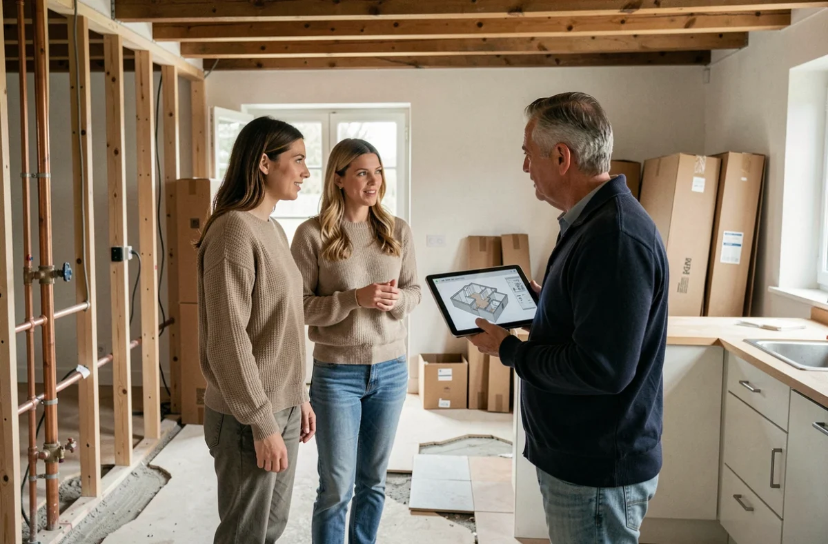Couple discutant d'un bouquet de travaux cuisine avec un entrepreneur dans une maison en rénovation