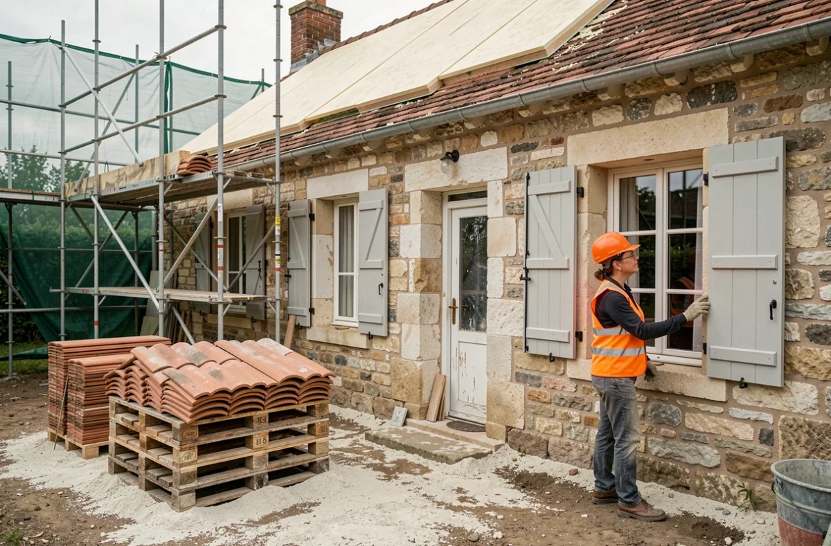 Femme inspectant les travaux de rénovation extérieure d'une maison individuelle en pierre