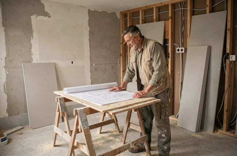 Artisan consultant des plans de rénovation dans une maison individuelle en cours de travaux