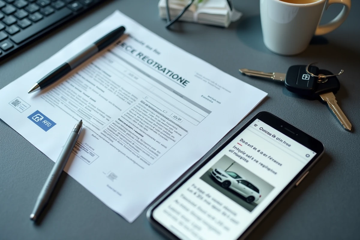 Vue de dessus d'une carte grise française, d'un smartphone avec un site de démarches en ligne et de clés de voiture sur un bureau
