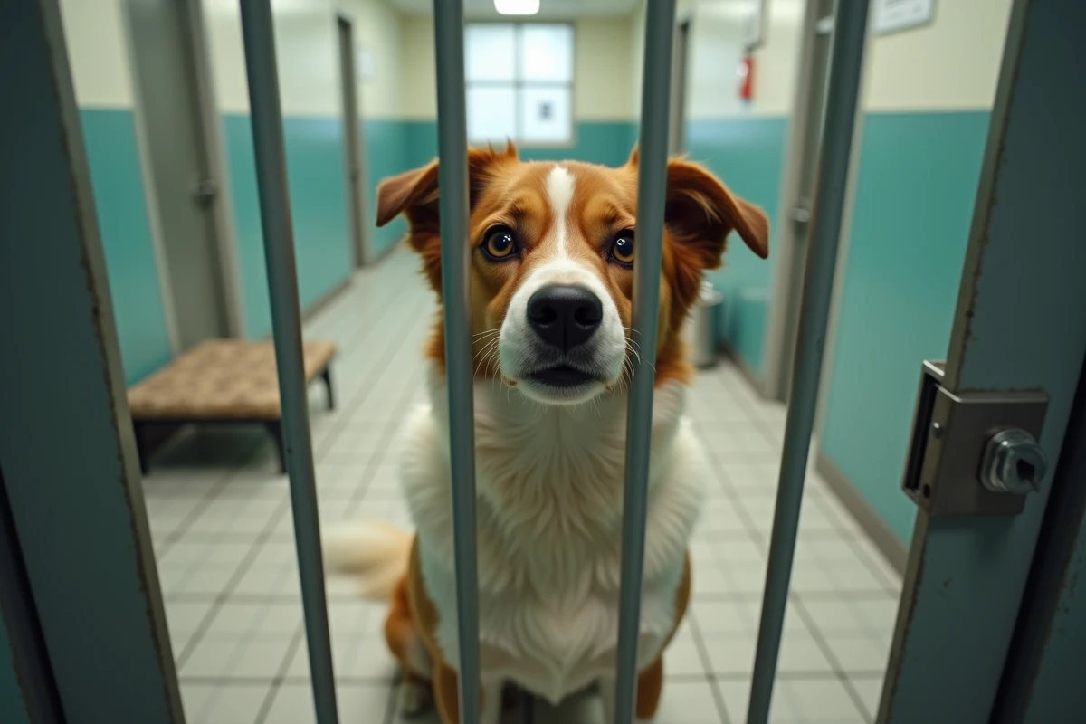 Chien en attente d'adoption dans un chenil de refuge pour animaux