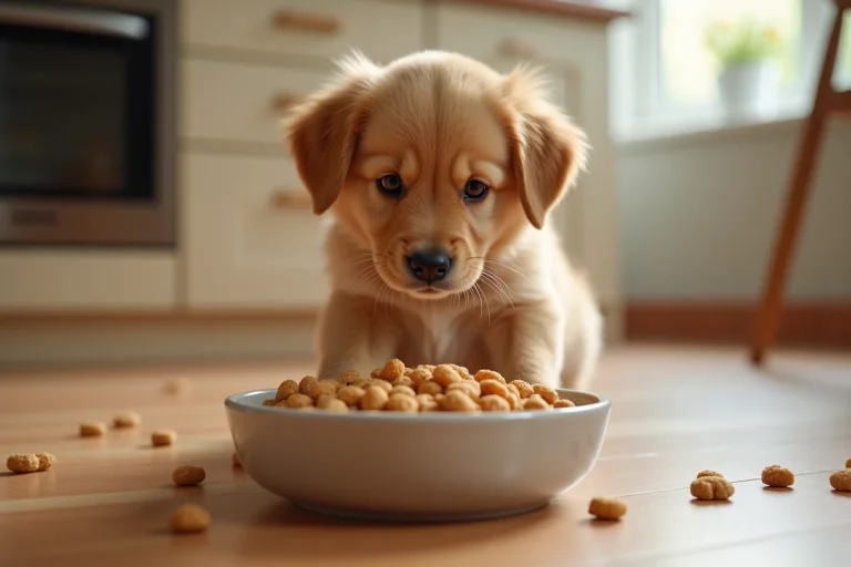 Chiot golden retriever devant un bol de croquettes céréales sur parquet bois cuisine