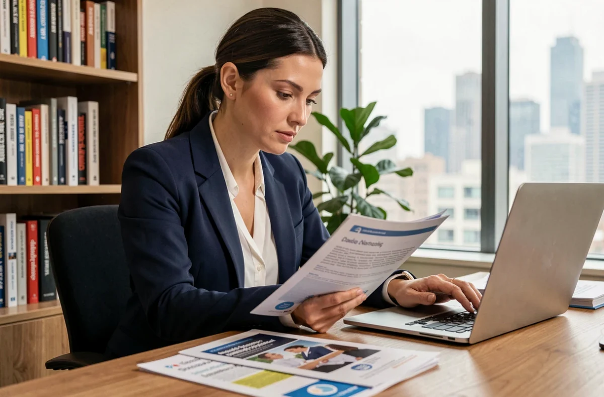 Femme professionnelle en blazer bleu marine comparant des brochures de formation sur un bureau en bois dans un bureau à domicile moderne