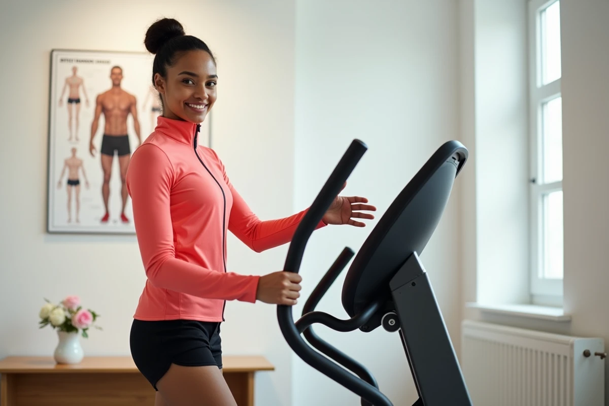 Coach sportive expliquant les réglages ergonomiques d'un elliptique pour optimiser la posture et l'efficacité de la séance