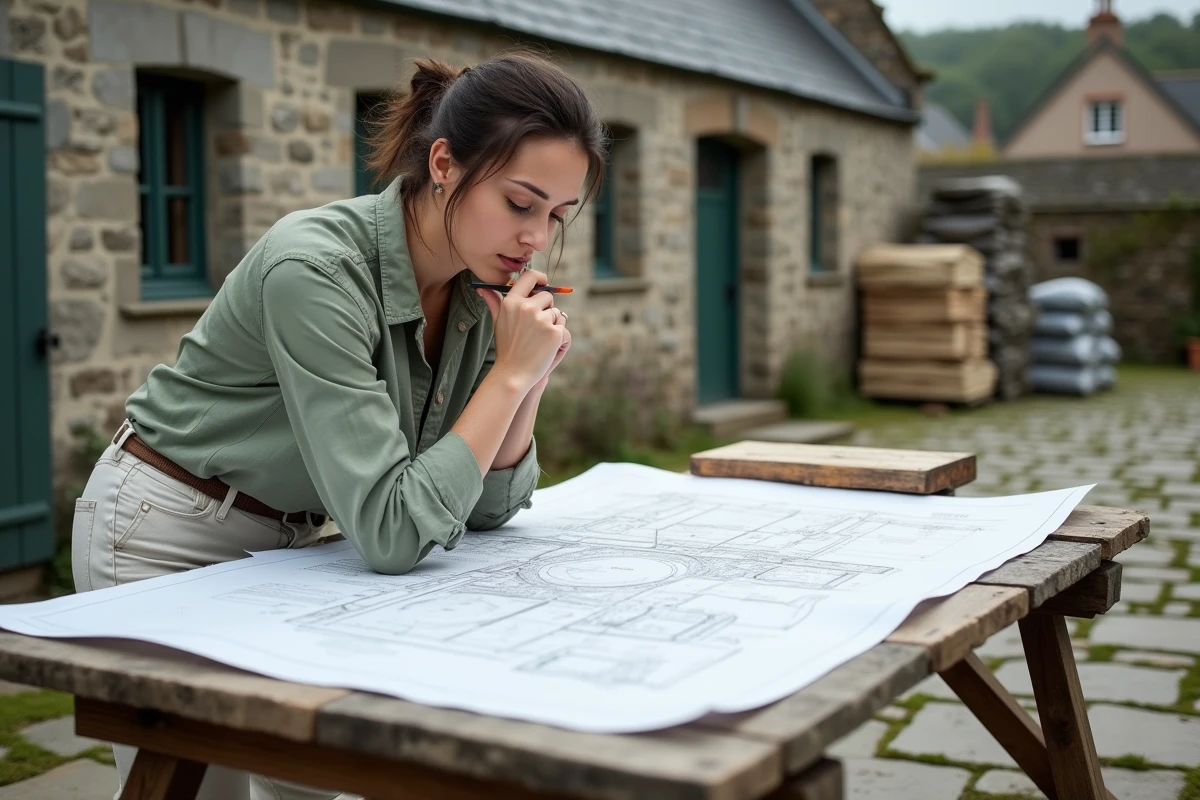 Architecte ou maître d'ouvrage consultant les plans de rénovation d'une maison néo bretonne dans la cour en granit