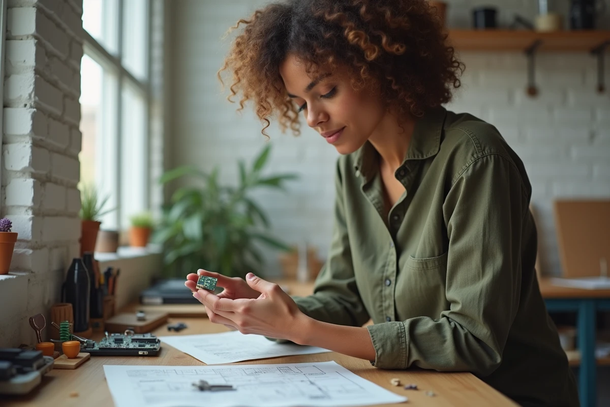 Femme tenant un bouton électronique personnalisé au-dessus d'un établi avec composants électroniques et schémas de circuit