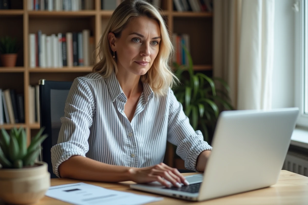 Femme initiant une demande de retour Zalando sur son ordinateur portable avec une étiquette de renvoi imprimée sur le bureau