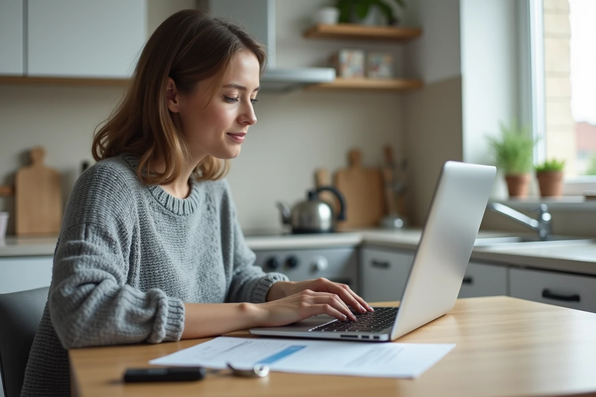 Femme effectuant une démarche de carte grise en ligne depuis chez elle avec un ordinateur portable et des documents de véhicule