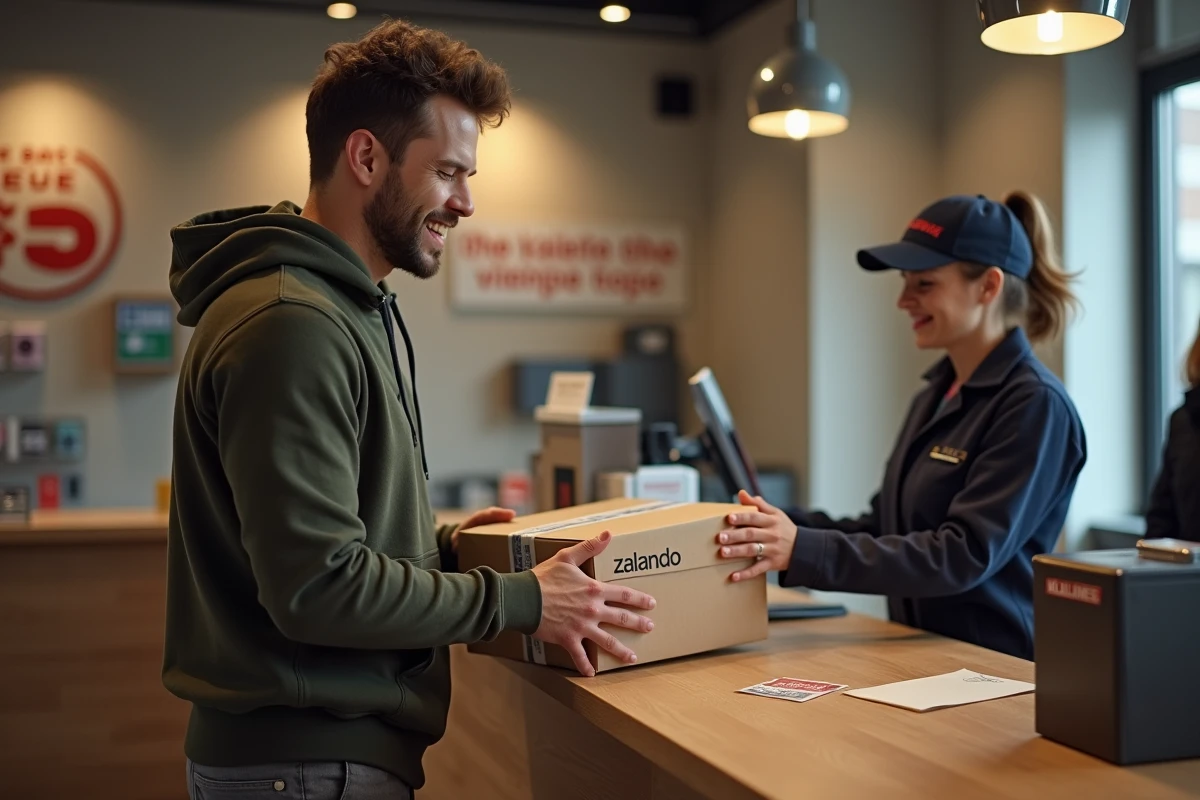 Homme remettant un colis de retour Zalando à un employé de La Poste au guichet d'un bureau de poste