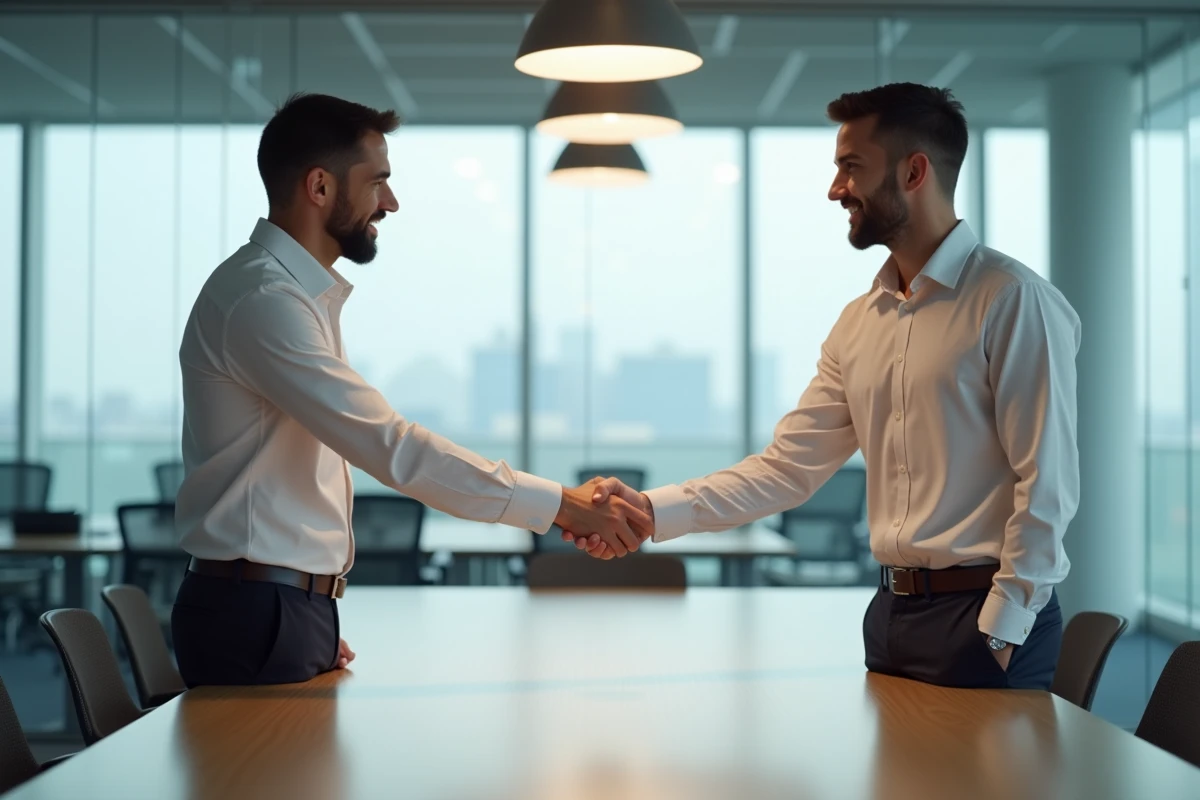 Homme en entretien d'embauche serrant la main d'un recruteur dans un bureau moderne pour un poste bien rémunéré
