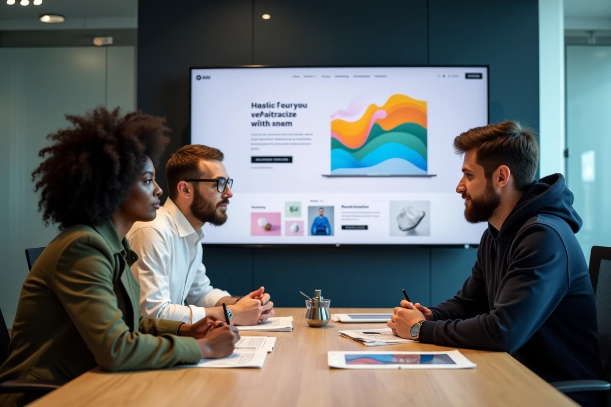 Équipe multiculturelle en réunion stratégique autour d'une présentation de site web responsive dans une agence digitale moderne