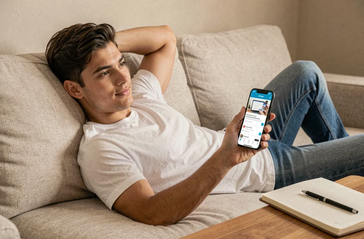 Étudiant allongé sur un canapé consultant une application mobile de formation comptable sur smartphone