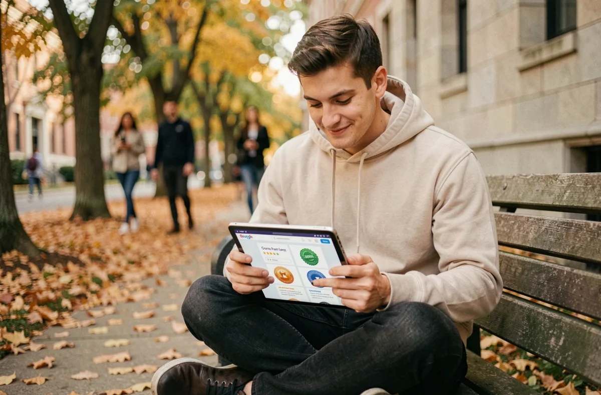 Jeune homme consultant une plateforme de e-learning sur une tablette assis sur un banc de campus universitaire en automne pour choisir sa formation