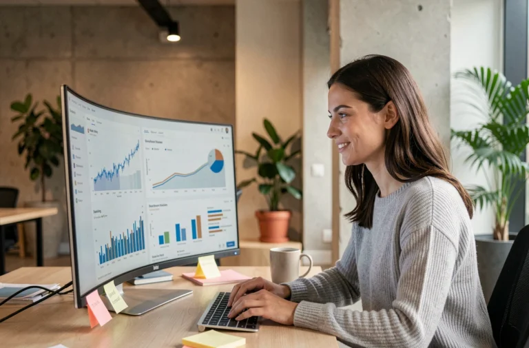 Femme professionnelle analysant des tendances web sur un écran d'ordinateur dans un bureau moderne