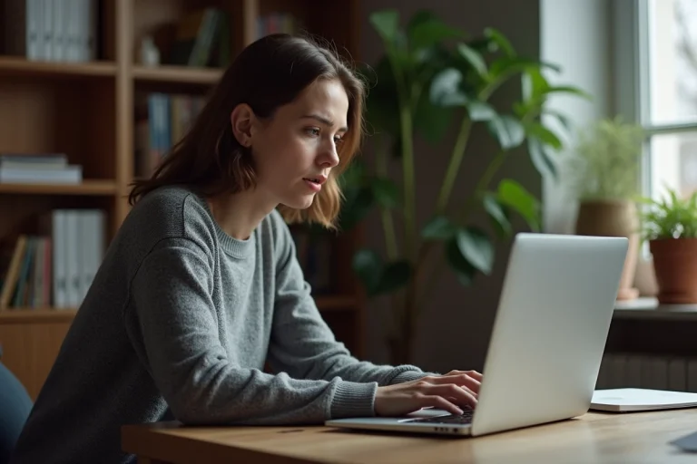 Femme inquiète devant un ordinateur portable affichant un avertissement d'arnaque en ligne, dans un bureau à domicile