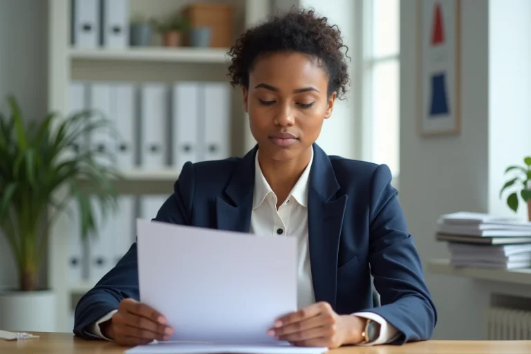 Femme consultant une attestation OFII dans un bureau administratif français