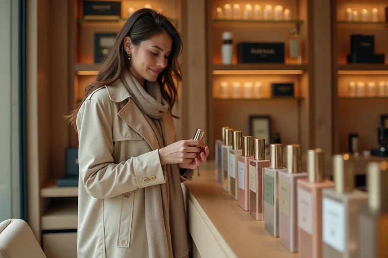Jeune femme chic examine des parfums dans une boutique parisienne