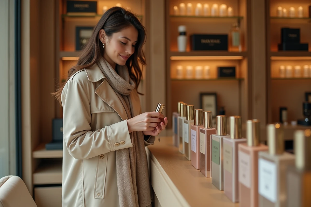Jeune femme chic examine des parfums dans une boutique parisienne
