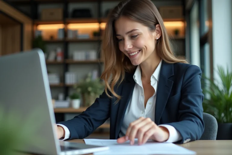Femme professionnelle concentrée sur documents numériques au bureau