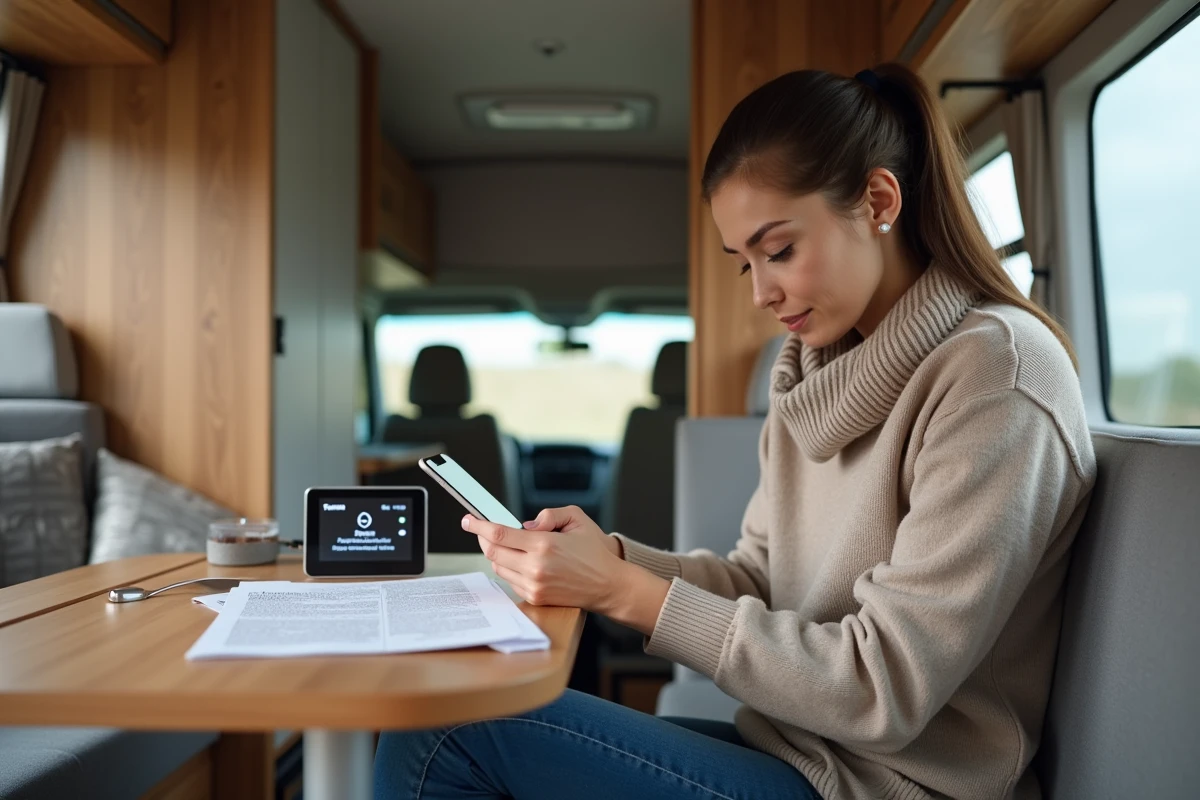Femme dans le camping lisant avec le chauffage Truma en arrière-plan