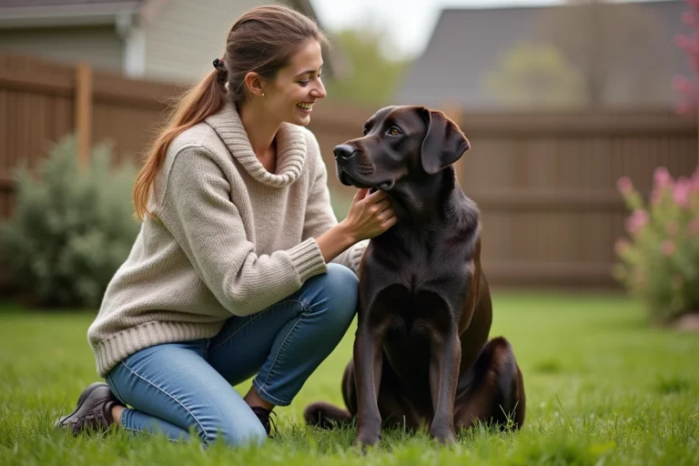 Jeune femme en jardin avec son chien beauceron labrador