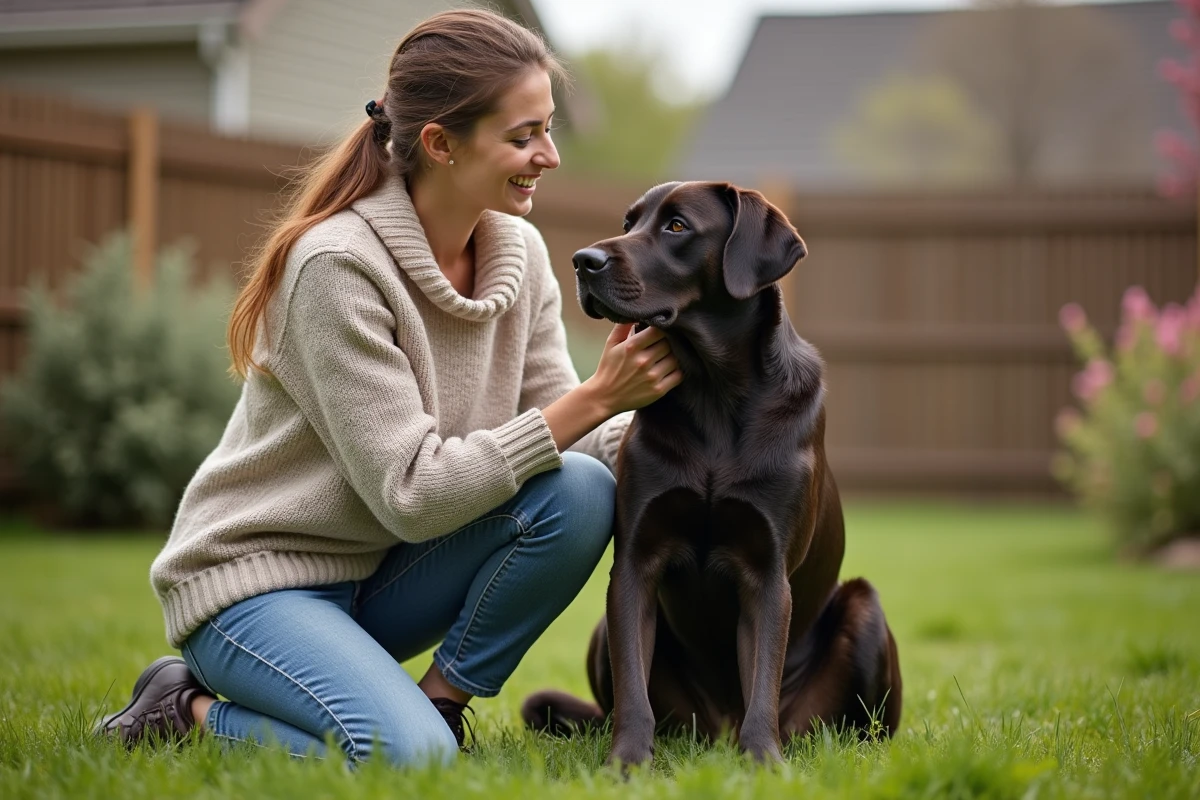 Jeune femme en jardin avec son chien beauceron labrador