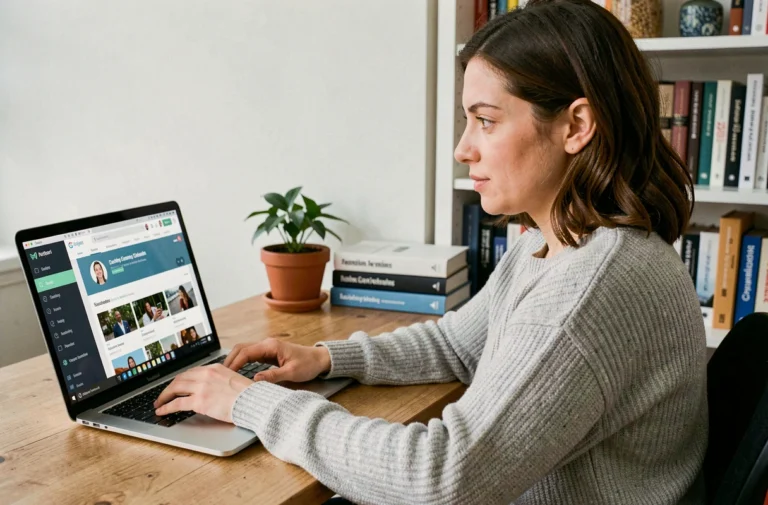 Femme suivant une formation en ligne sur comptabilité via une application d'e-learning sur ordinateur portable
