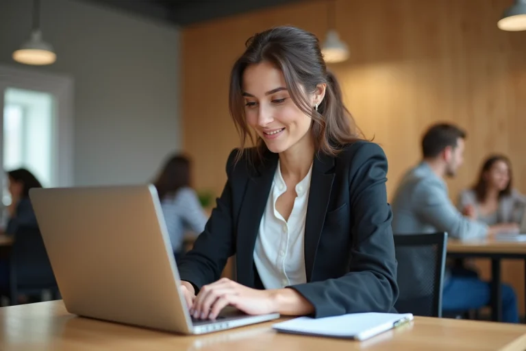 Femme professionnelle suivant une formation en ligne dans un espace de coworking moderne