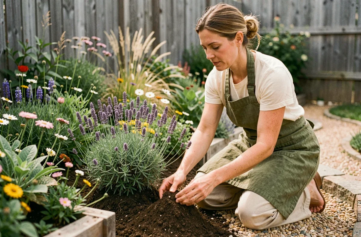 Femme jardinant dans un potager naturel avec des plantes de lavande et un chemin en gravier dans un jardin harmonieux