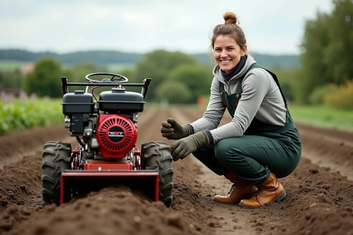 Femme en overalls cultivant la terre avec une motobineuse
