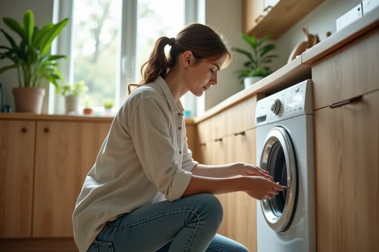 Femme examinant une machine à laver écologique dans une cuisine moderne