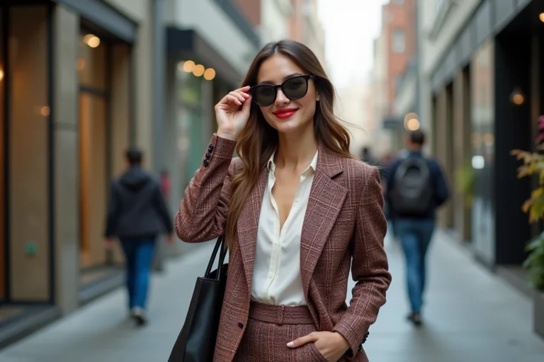 Femme élégante en ville portant blazer à motifs et pantalon taille haute