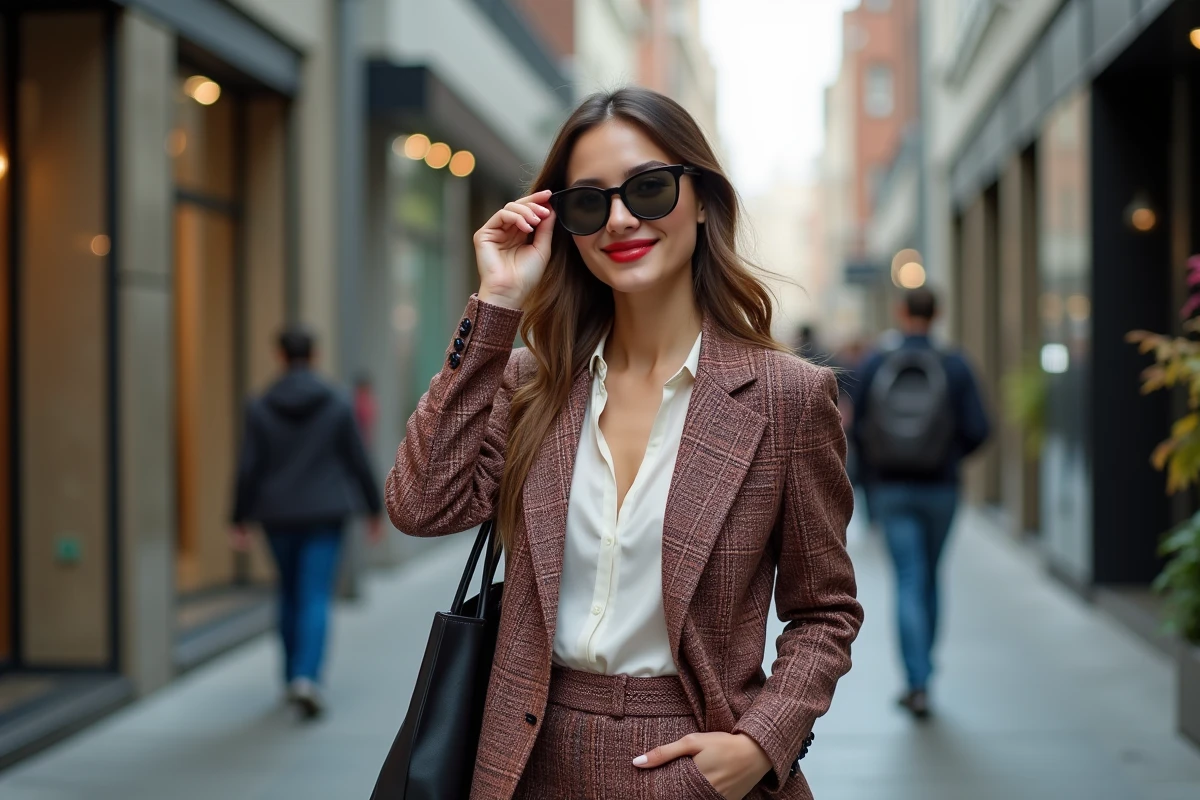 Femme élégante en ville portant blazer à motifs et pantalon taille haute