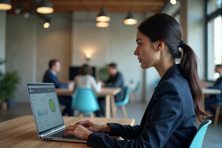 Femme professionnelle analysant un tableau de bord de services web innovants sur un ordinateur portable dans un espace de coworking moderne
