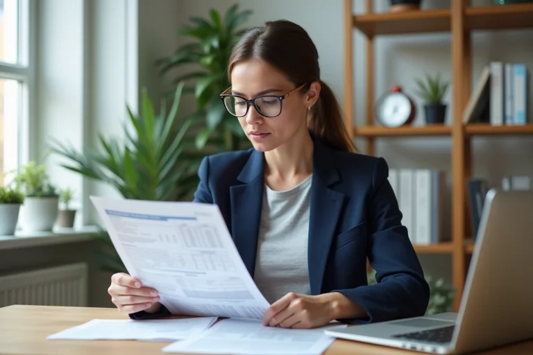 Femme professionnelle consultant des offres d'emploi avec des fiches salariales sur un bureau en bois dans un espace de travail à domicile