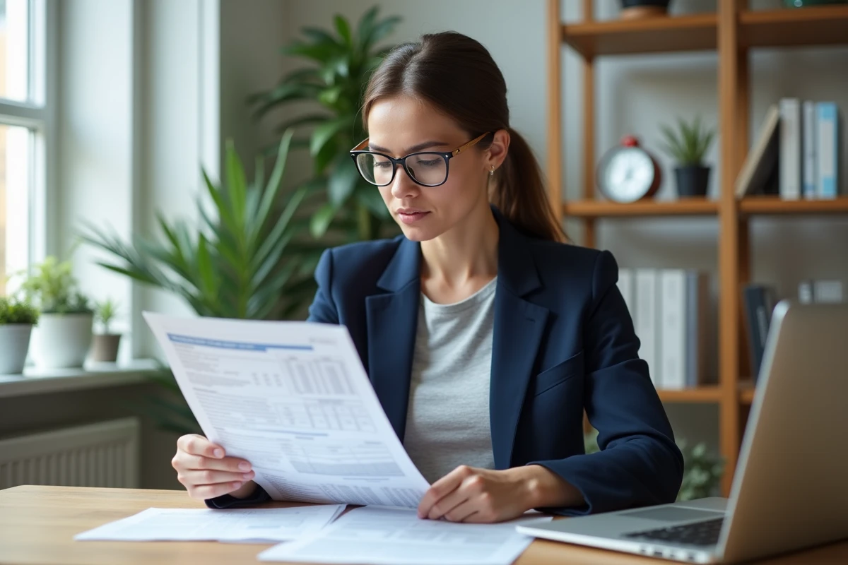 Femme professionnelle consultant des offres d'emploi avec des fiches salariales sur un bureau en bois dans un espace de travail à domicile