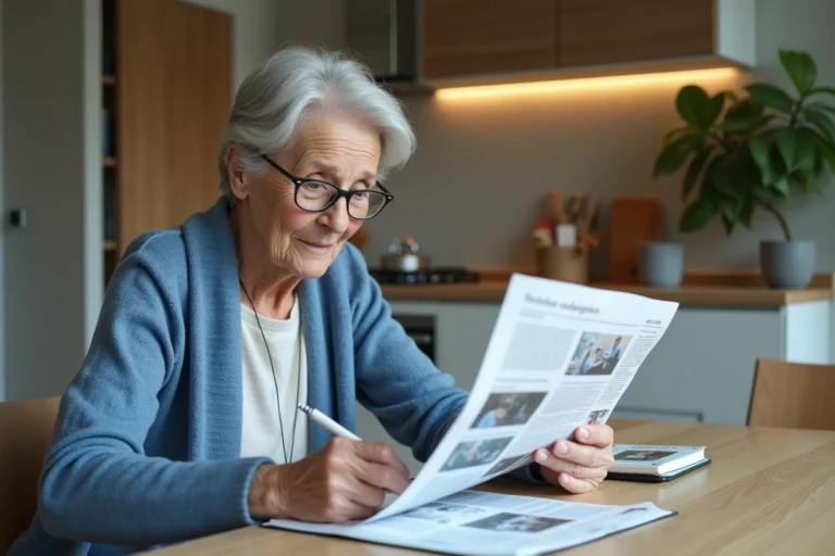 Femme senior lisant des annonces dans une cuisine chaleureuse