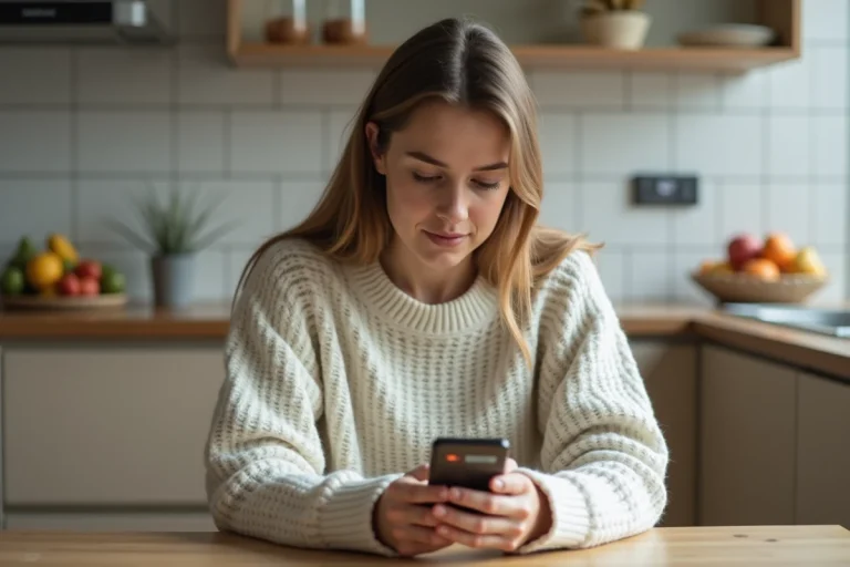 Jeune femme utilisant son smartphone dans une cuisine moderne
