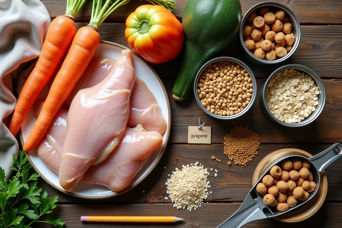 Vue aérienne flat-lay ingrédients alimentation chiot céréales légumes cru comparaison nutrition