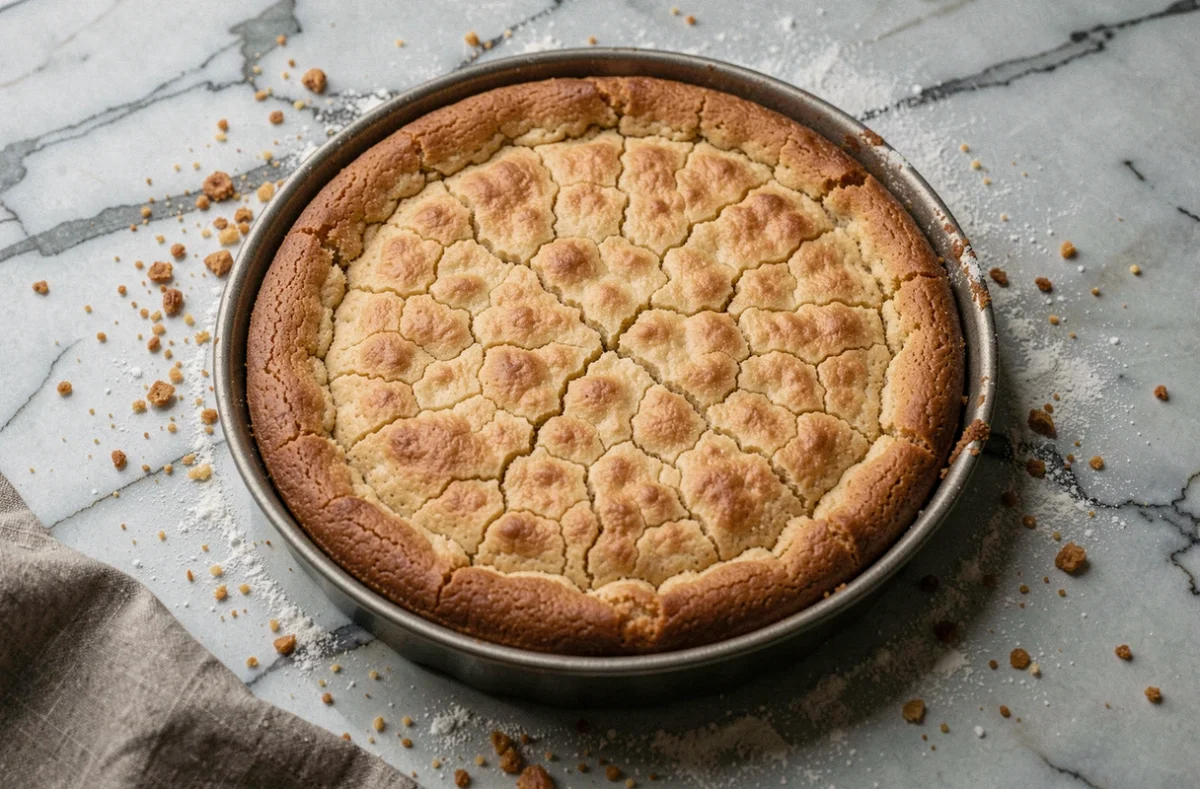 Fond de biscuit croustillant doré dans un moule à tarte sur un plan de travail en marbre fariné, vu de dessus