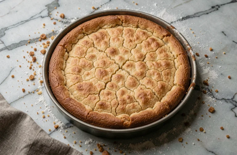Fond de biscuit croustillant doré dans un moule à tarte sur un plan de travail en marbre fariné, vu de dessus