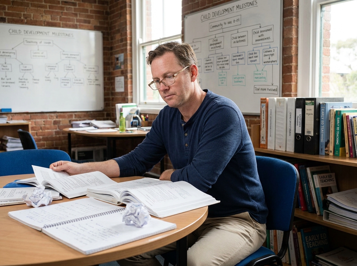 Homme en reconversion professionnelle étudiant des documents de formation sur la petite enfance dans une salle de cours moderne avec manuels et notes manuscrites