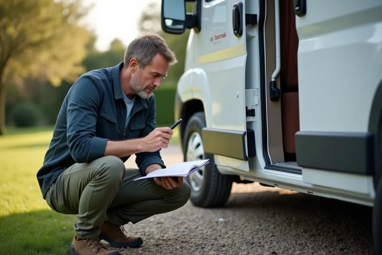 Homme en plein air vérifiant le contrôle du chauffage Truma Combi 6