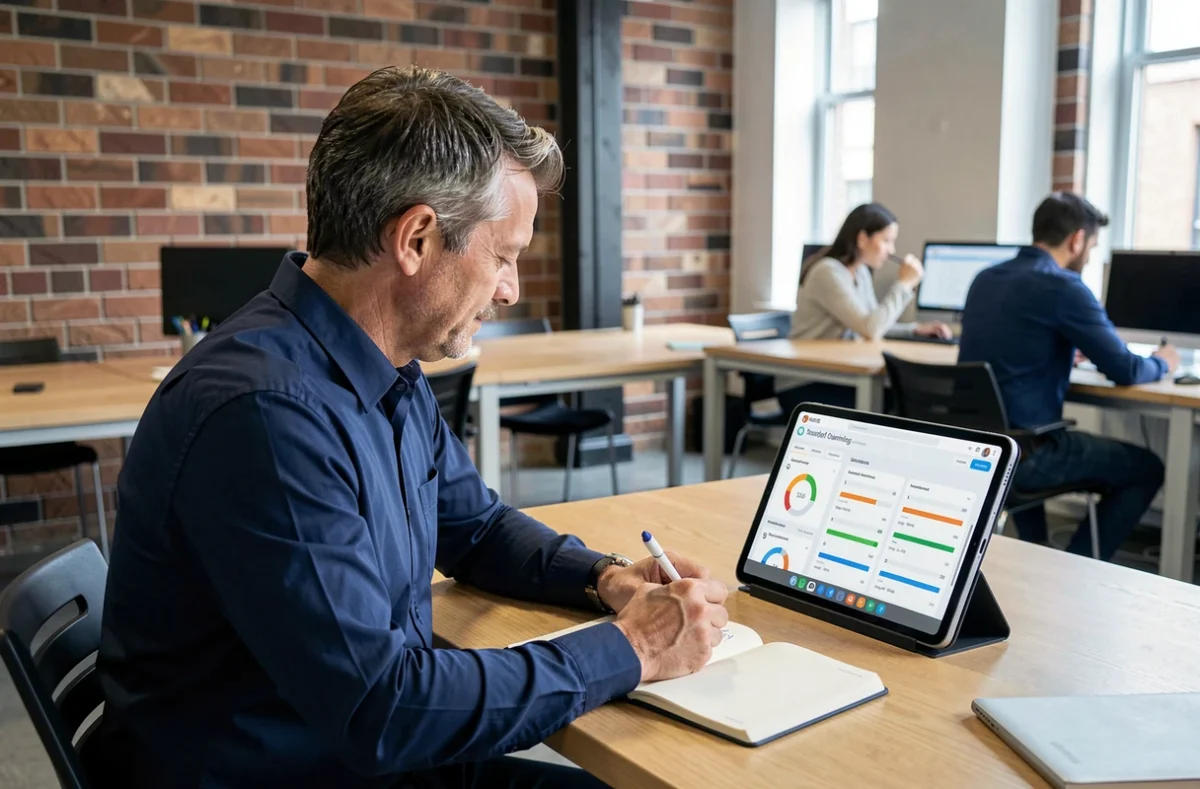 Homme en espace de coworking utilisant une tablette pour suivre des cours de comptabilité en ligne