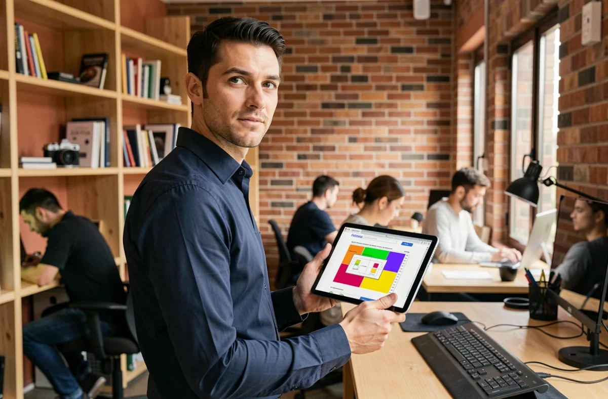 Homme en co-working consultant des maquettes de site web sur tablette pour optimiser sa présence en ligne