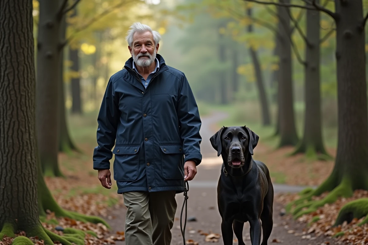 Homme avec son chien dans un chemin forestier