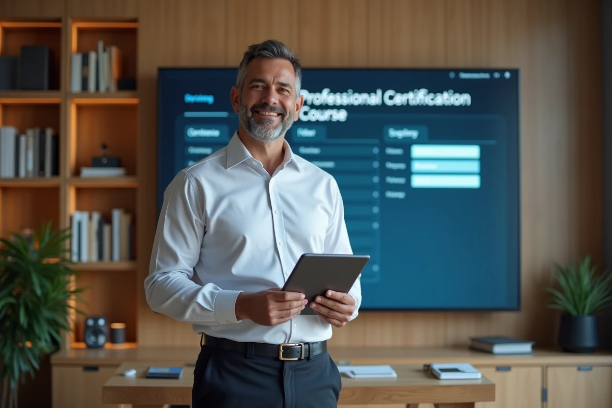 Homme consultant une plateforme de formation professionnelle certifiante depuis son bureau à domicile